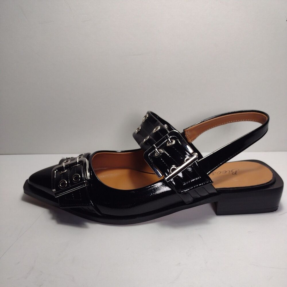 Bieoshli Size 7 Black Buckle Ballet Pointed Toe Slingback Flat Dress Shoes